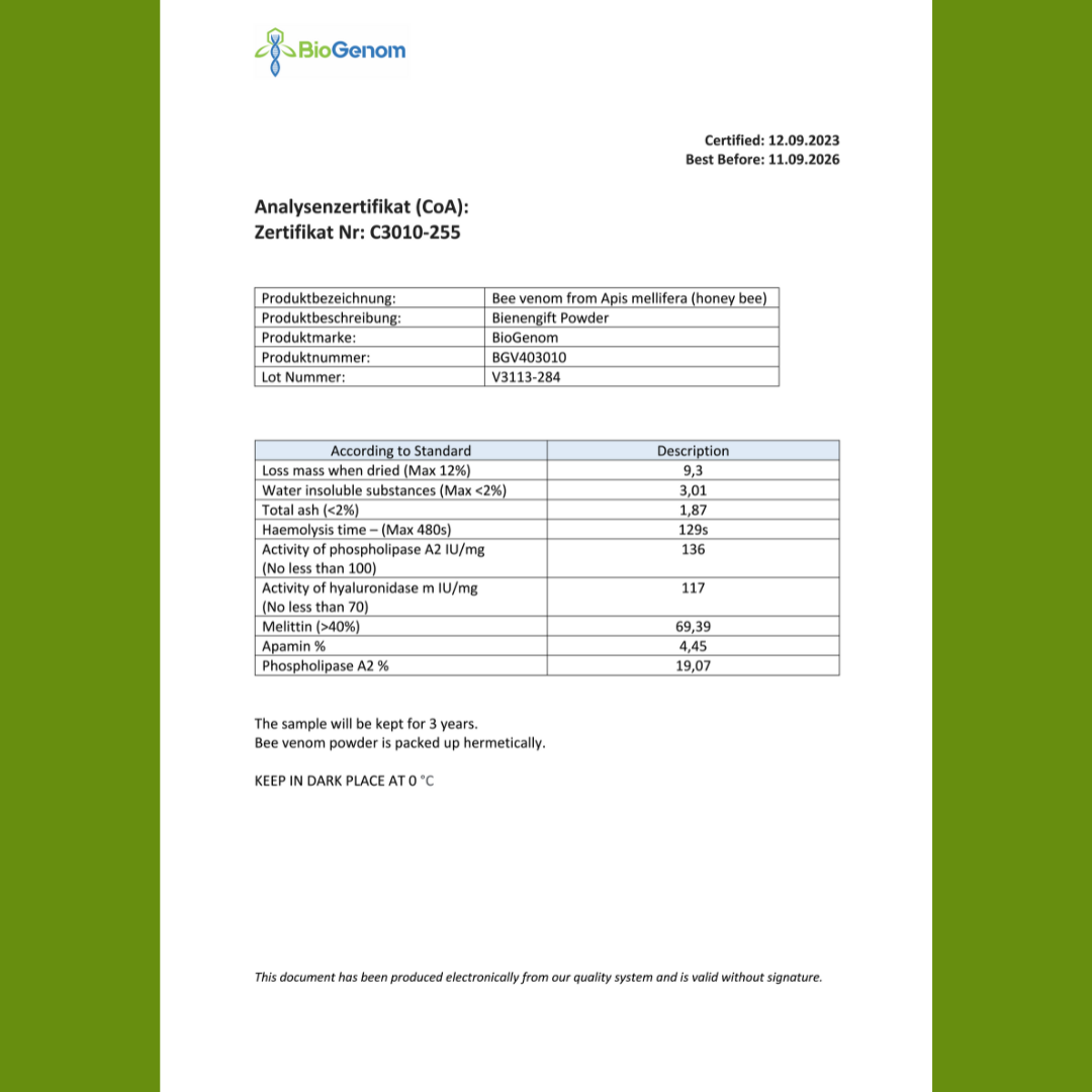 Analysenzertifikat CoA von Bienengift BioGenom