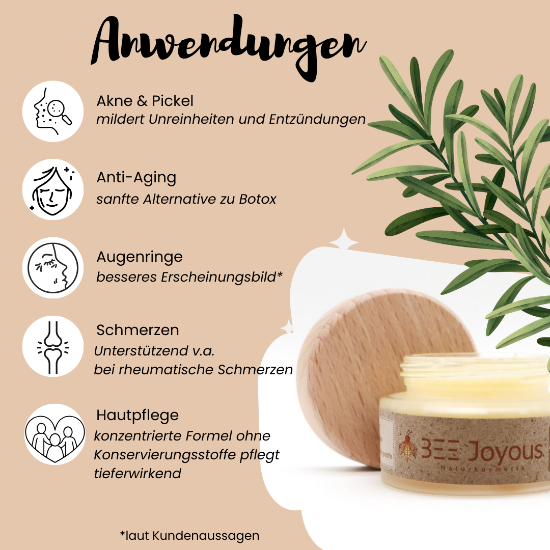 Anwendungsgebiete der Bienengiftsalbe: Akne, Anti-Aging, Augenringe, Schmerzen, Hautpflege