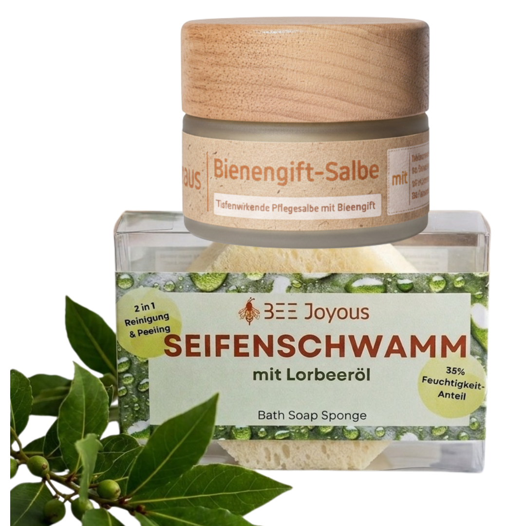 Set: BEE Joyous Bienengift-Salbe und Seifenschwamm mit Lorbeeröl